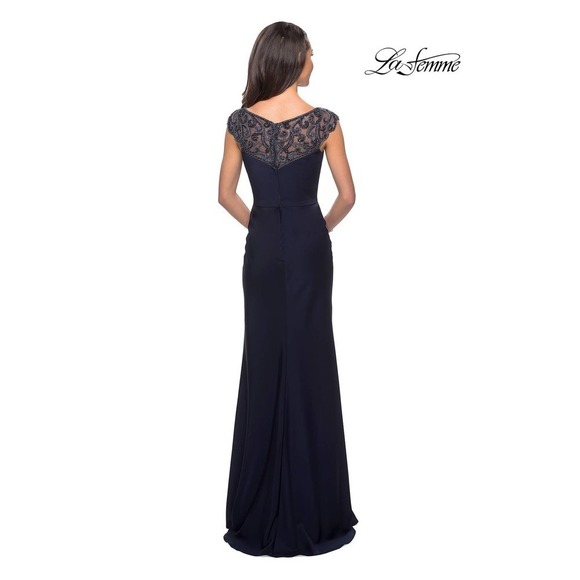 New La Femme Navy Blue Beaded Column Gown Women's Size 16 - Picture 2 of 14